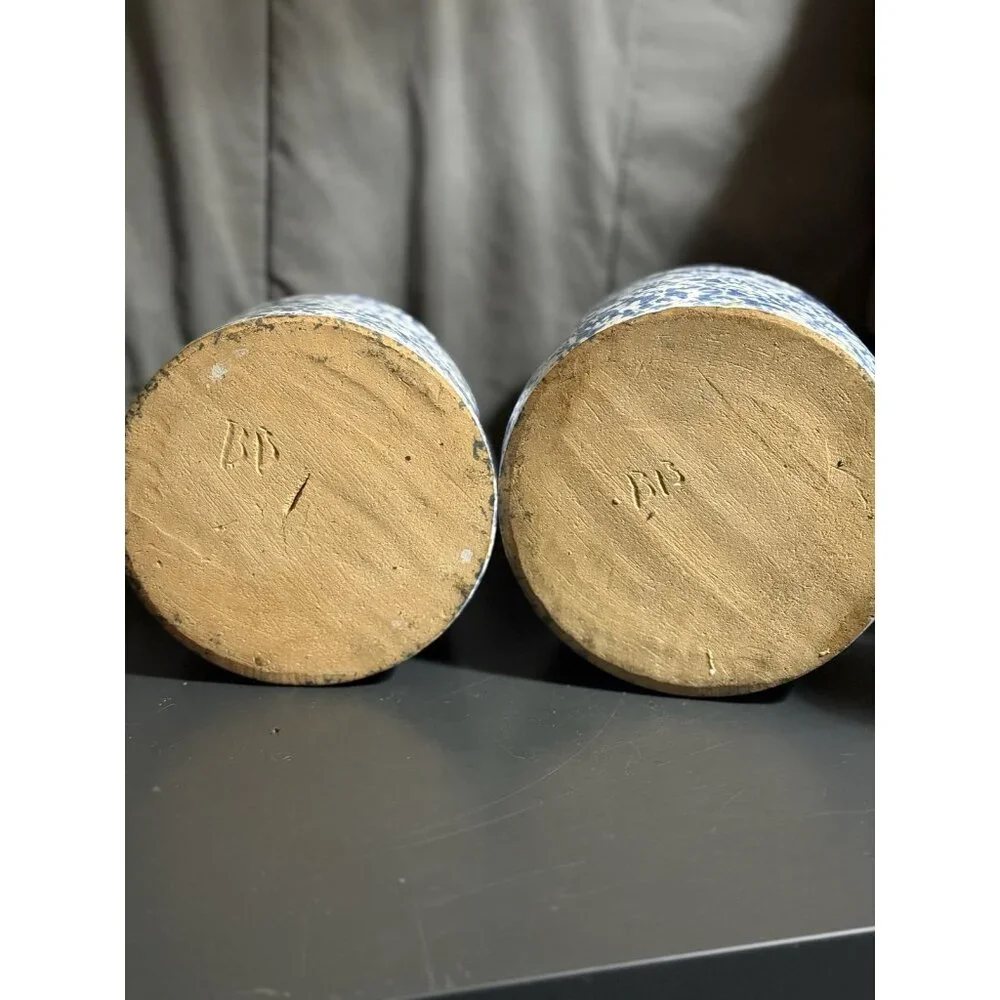 Blue Spongeware Large Storage Jars & Lids Crock Pair Of 7” And 9” - Picture 10 of 12